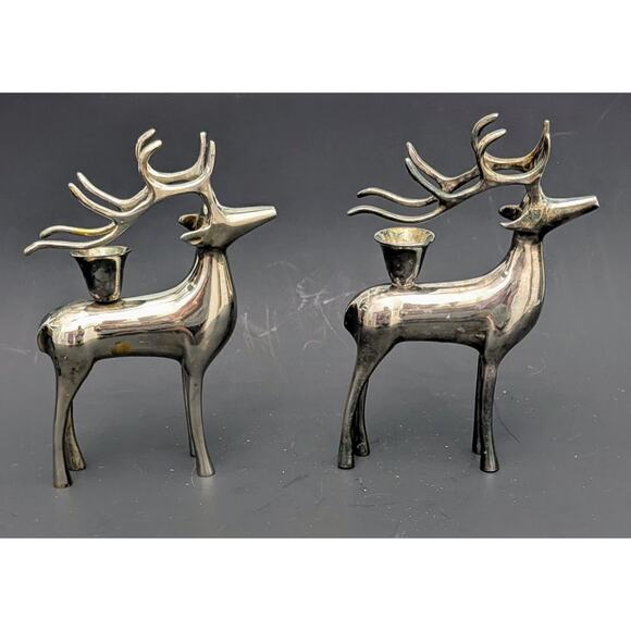 Pair Silver Plated Reindeer Candle Holder Christmas Decoration Pottery Barn - Picture 1 of 4